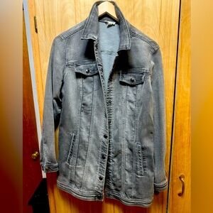 TRIBAL JEAN JACKET LONG WITH SNAPS DISTRESSED GRAY SZ S STRETCH COTTON NICE